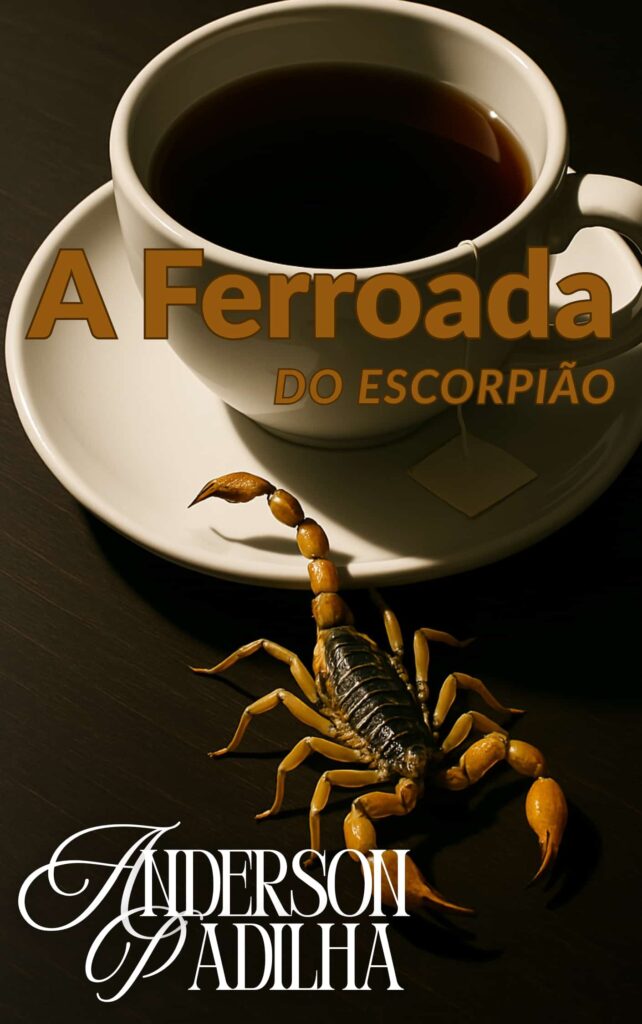 Capa do conto A Ferroada do Escorpião. Sobre uma revista de horóscopo, uma xícara de chá preta com um escorpião-amarelo caminhando em seu pires.